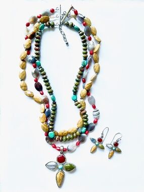 VINTAGE BARSE 925 Sterling Silver MULTI STRAND GEMSTONE Cross Necklace Earrings
